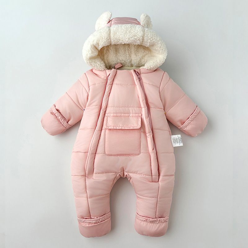 Winter Baby Jumpsuit With Fleece Lining – Double-Zipper Hooded Romper For Boys & Girls (66-100cm, Black/Pink/Light Blue)_voghion.com