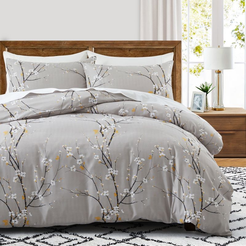 Weiche Faser Grau Plum Blossom Floral Quilt Cover Home Textile Bettwäsche Dreiteiliges Set_voghion.com