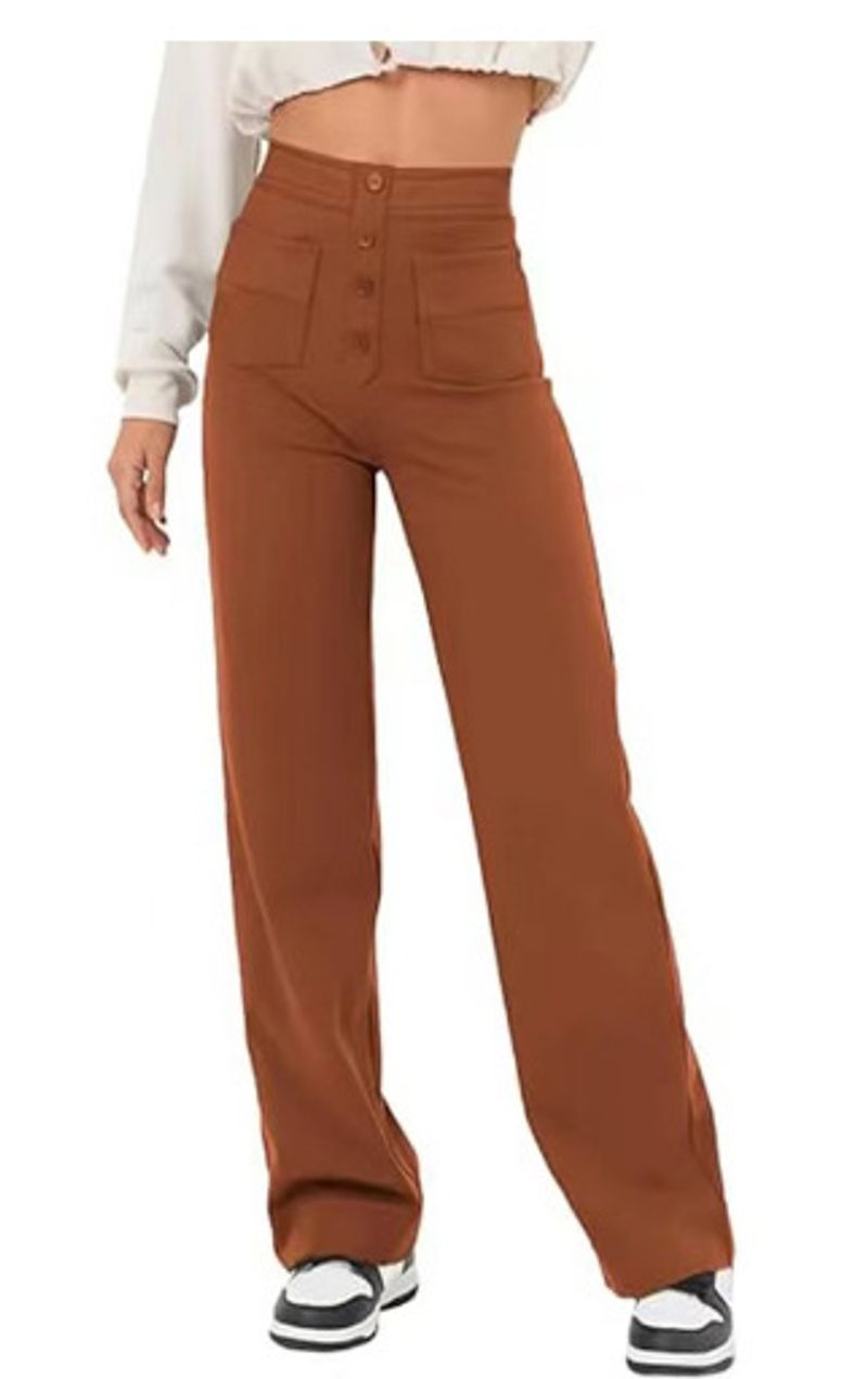 2024 fashion new women's casual straight leg pants with high waist button elastic band and multiple pockets_voghion.com