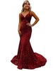 Sequined Ball Gown Slim Hip Wrapped Fishtail Small Trailing Evening Gown Spaghetti Straps V Neck Party Dress_voghion.com