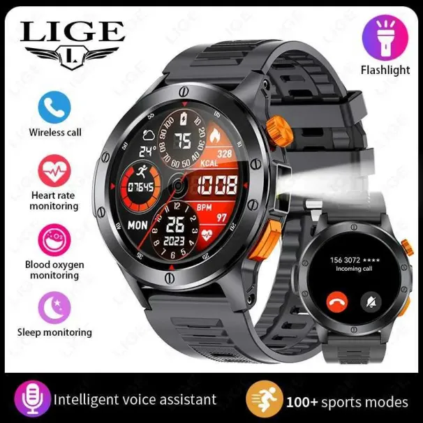 LIGE Smart Watch Men Flashlight BT Call Sport Fitness Health Monitor 730mAh Large Battery Smartwatch For Android XM IOS_voghion.com