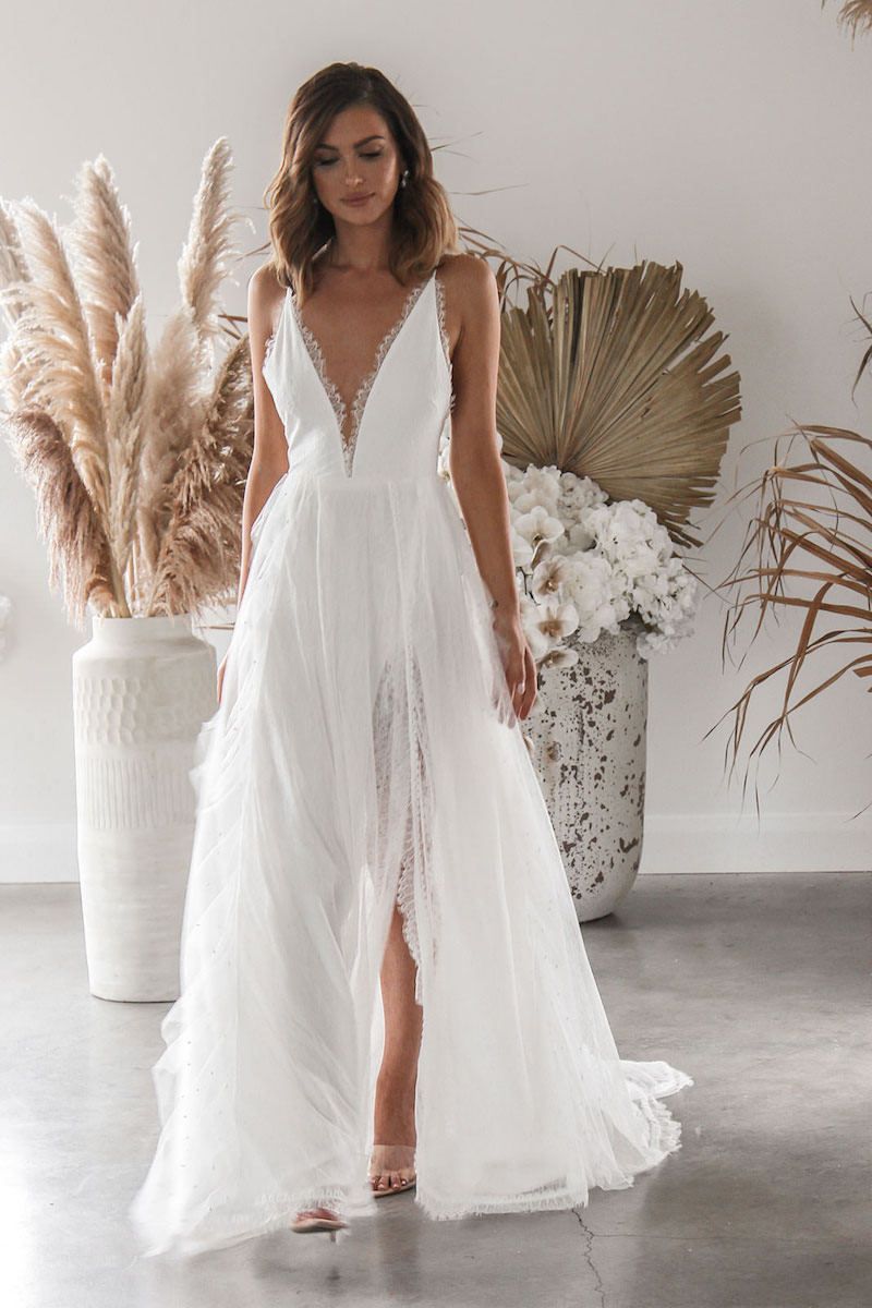 Women's wedding ceremony sexy suspender slit dress wedding dress evening dress_voghion.com