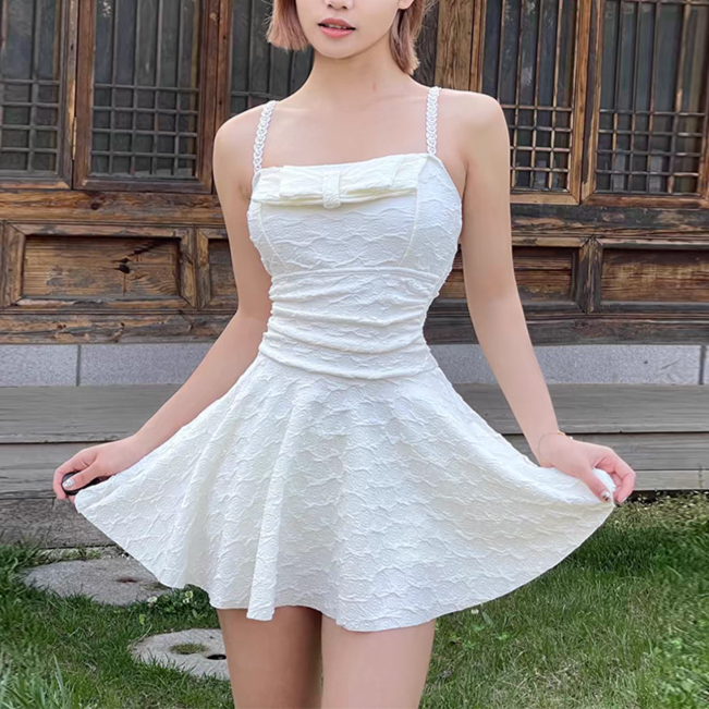 ​​Sexy One Piece Swimsuit - Solid Color Bow & Ruffle Detail Bathing Suit Hot Spring Wear_voghion.com