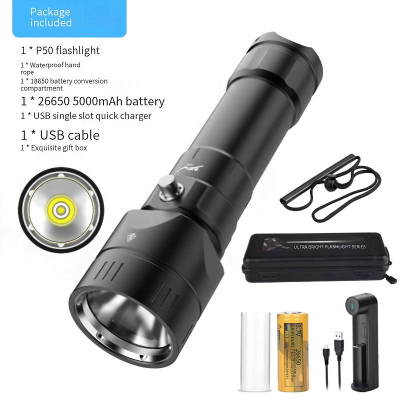 P70 Diving Flashlight - 15000 Lumens White LED With Magnetic Switch, 26650 Battery Long Runtime, High Power Waterproof Torch For Scuba_voghion.com