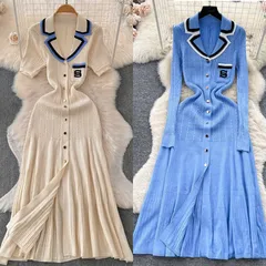 Autunno e inverno Xiaoxiang stile celebrità signora manica corta contrasto ricamato abito colletto vita snellente monopetto a forma di A lavorato a maglia