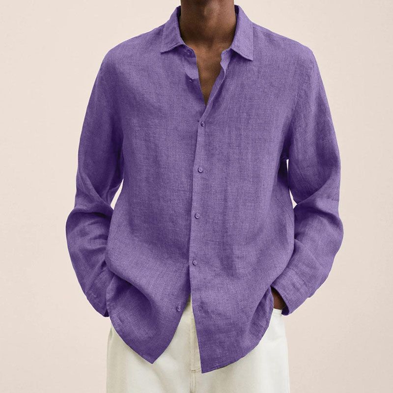 Camicia da uomo casual a maniche lunghe autunnale con scollo a V e bottoni larghi in cotone e lino per uomo_voghion.com