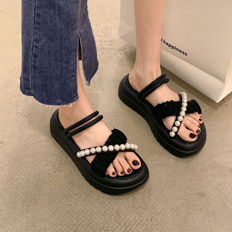 Netflix Slippers Women Wear Beach Shoes Outer, New Pearl Fairy Style For 2025 Summer Fashionable And Delicate Flat Sandals_voghion.com