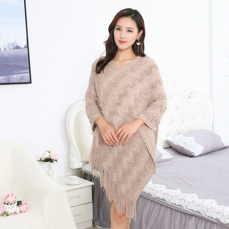 Loose Spring And Autumn 2022 New Women's Tassel Plush Coat Pullover Bead Sheet Shawl Cloak Gorgeous Knitted Shirt_voghion.com