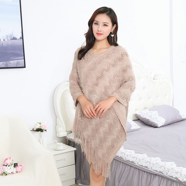 Loose Spring And Autumn 2022 New Women's Tassel Plush Coat Pullover Bead Sheet Shawl Cloak Gorgeous Knitted Shirt_voghion.com