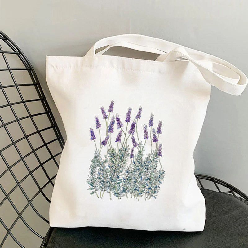 Bolso de lona con estampado floral de plantas y flores, bolso de hombro, bolso de compras de mano de moda_voghion.com