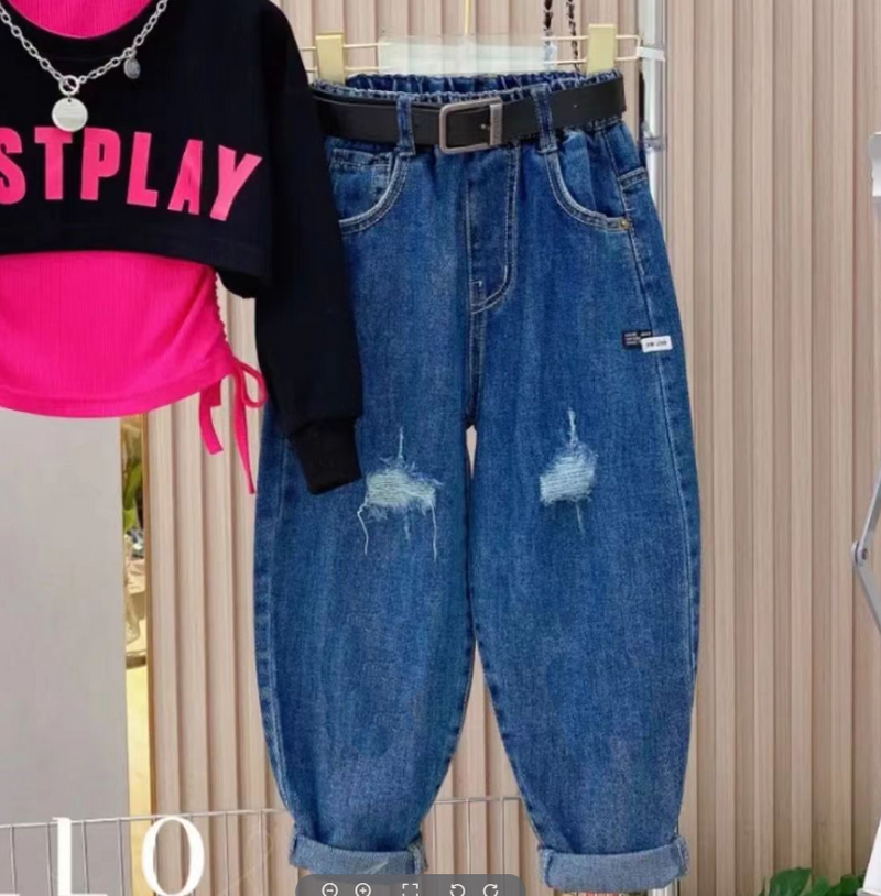 Kid's Clothing Girls' autumn new street style fashionable letter print long sleeved sweatshirt with suspenders and two piece suit dad jeans_voghion.com