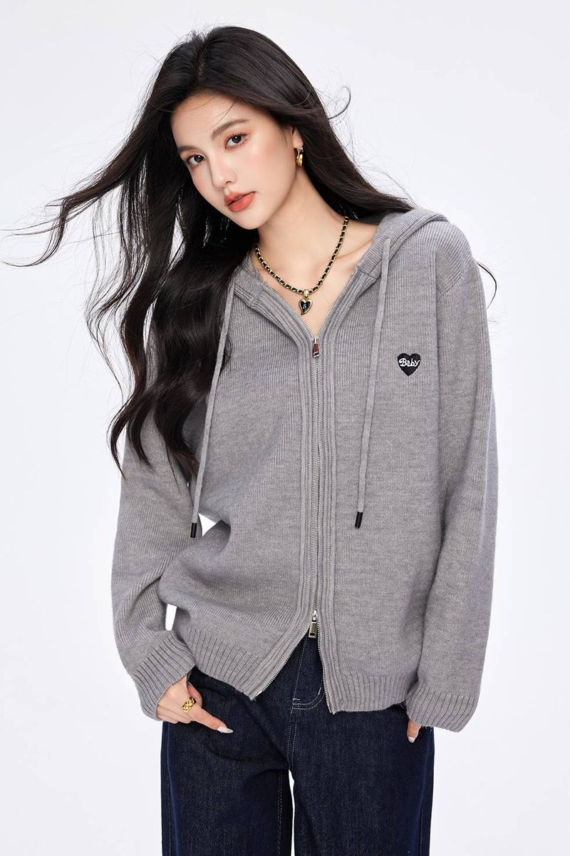 Disponibil ◆ Cardigan gri tricotat cu glugă pentru femei, top casual lejer, toamna anului 2024_voghion.com