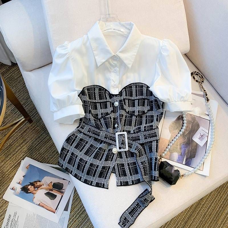 Abbigliamento da donna Ripresa reale del nuovo design estivo Camicia patchwork Camicia in maglia di seta ghiacciata da donna_voghion.com