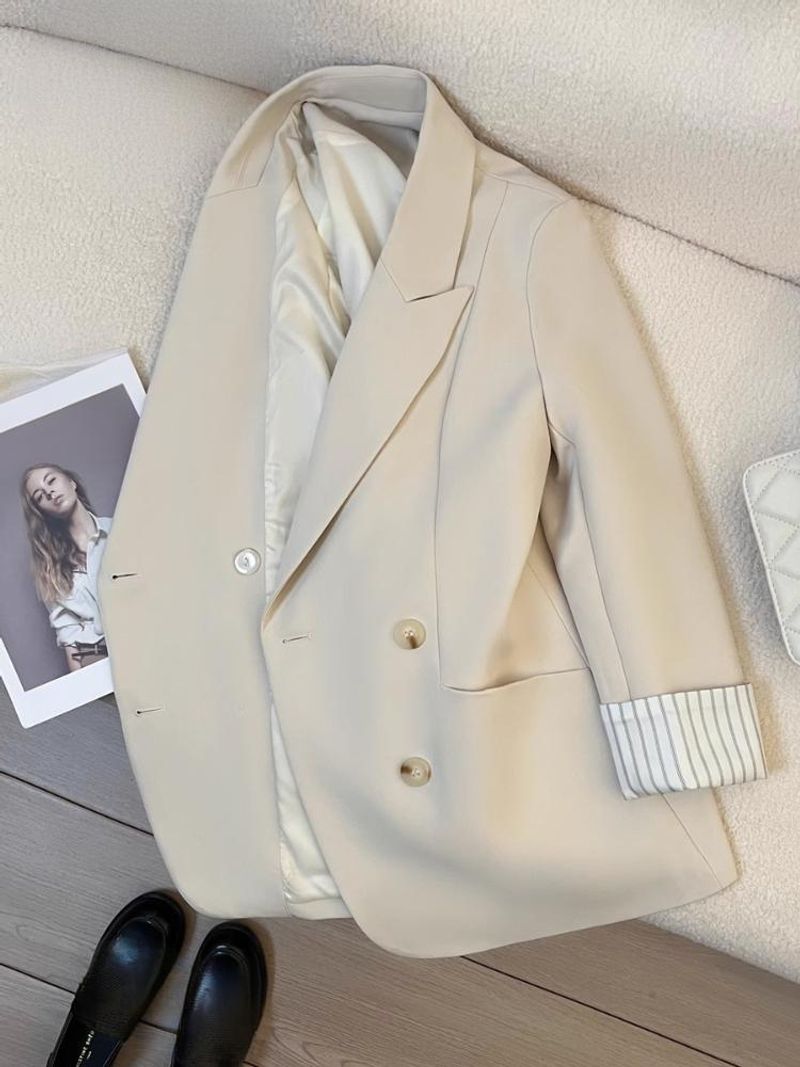 Women's Clothing People Collected Beige Cuff Striped Suit Jacket For Women Autumn New Fashion Design_voghion.com