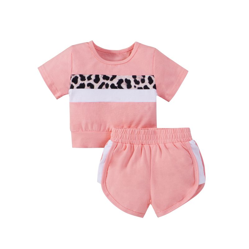 kinderkleding nieuwe patchwork luipaardprint T-shirt met korte mouwen, tweedelige set_voghion.com