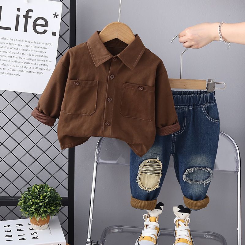Chłopięcy Wiosna i 2024 Nowy Styl Dziecięcy Jesień Koszula Płaszcz Jeans Dwuczęściowy Zestaw Trendy_voghion.com