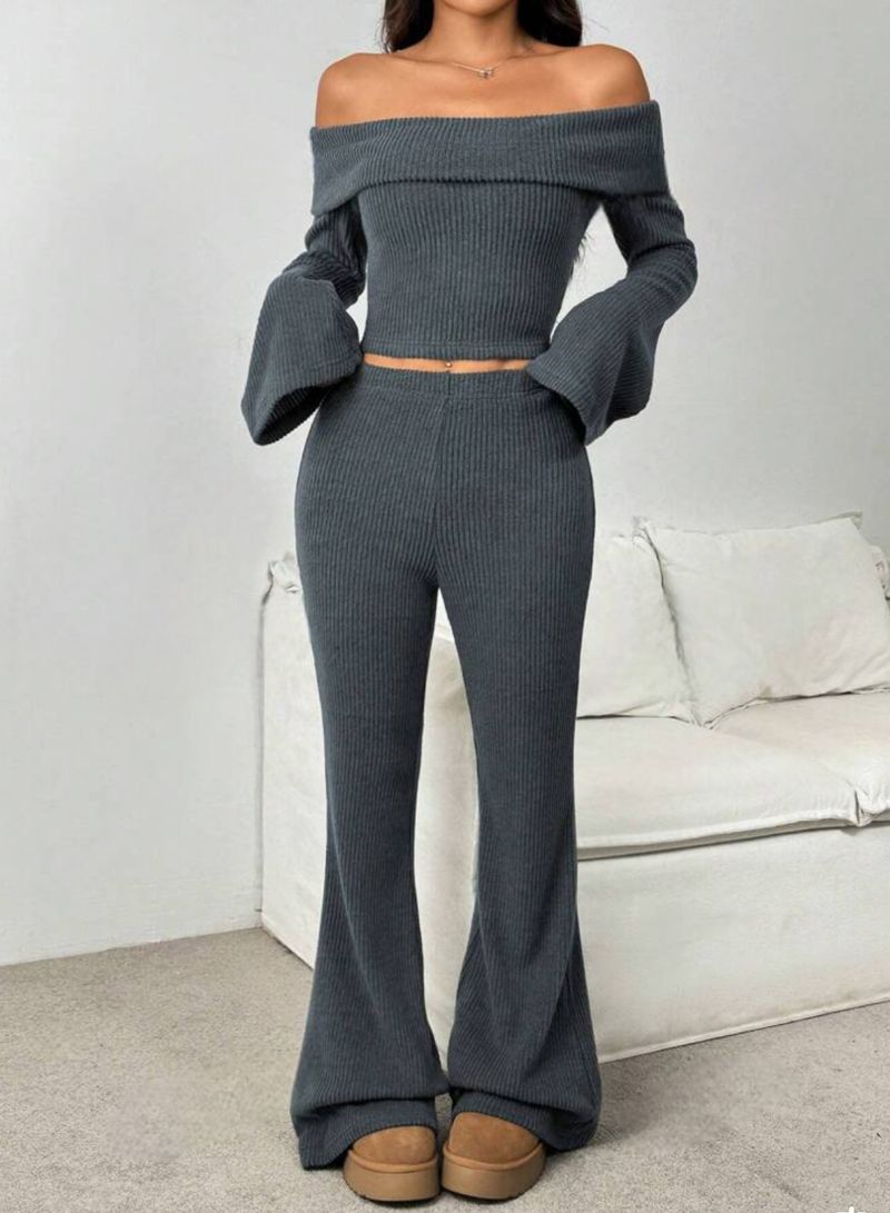 Women’s Clothing Autumn New Sexy Fashion One Shoulder Flared Long Sleeved Trousers Knitted Suit_voghion.com