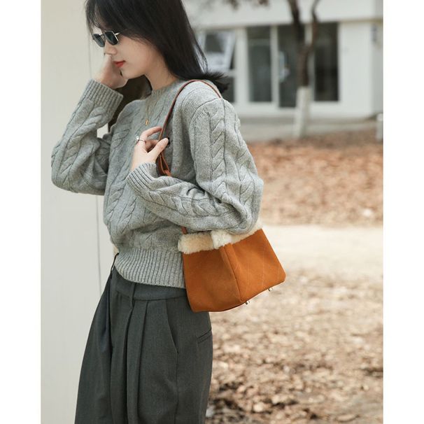 Niche Hand-held Bucket Echtleder Schëllertasch 2024 Nei Lämmchewoll Mini Kleng Dammetasch, Crossbody-Tasch_voghion.com