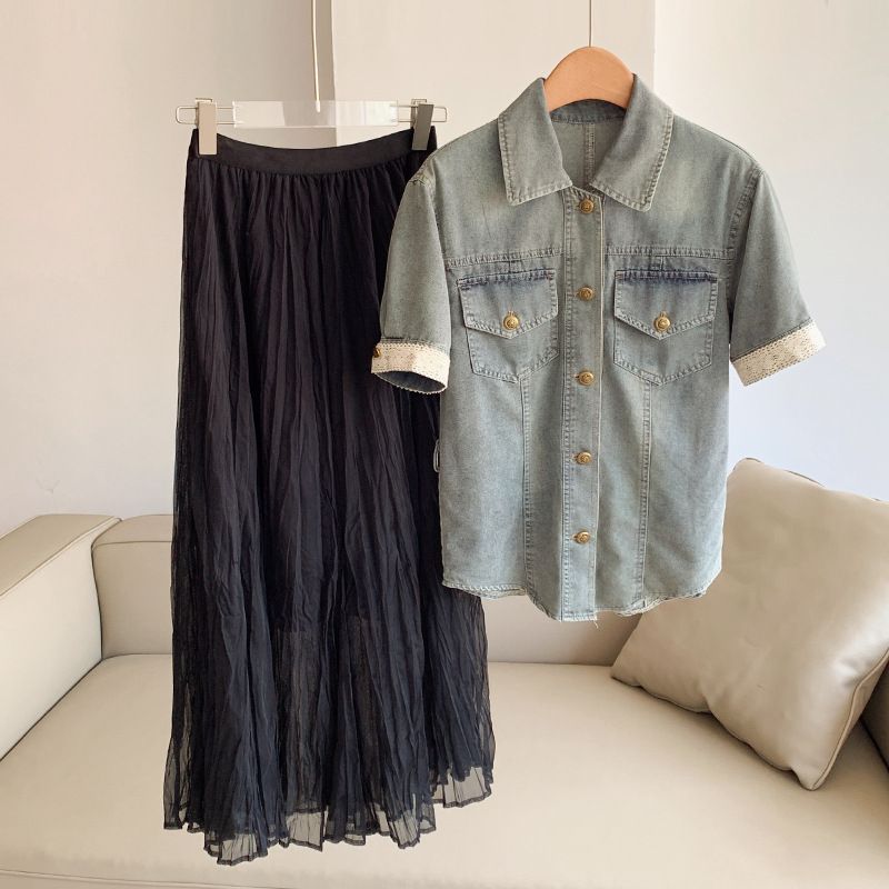 Ensemble haut à manches courtes et jupe en jean, nouvelle mode décontractée été 2025, N2etz08100_voghion.com