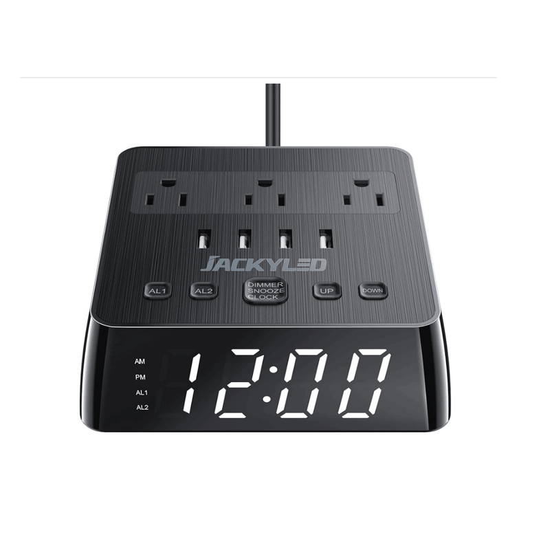 JACKYLED Alarm Clock 4 USB Power Strip 3 Outlets 6.5FT Long---MDL: ECS-US031_voghion.com