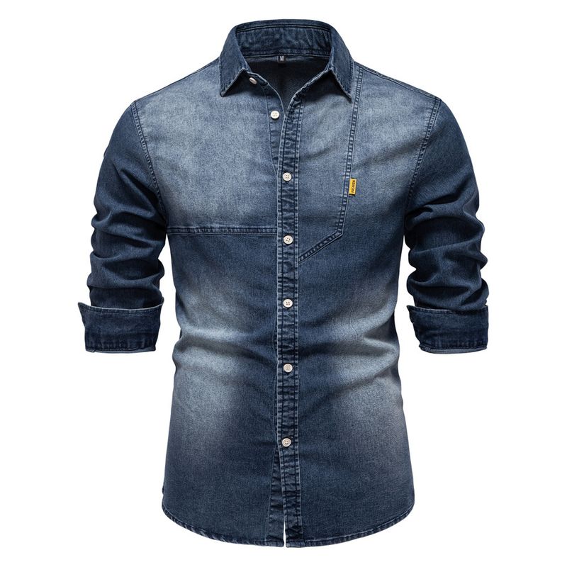 Camicia in denim casual da uomo, a maniche lunghe, tinta unita_voghion.com