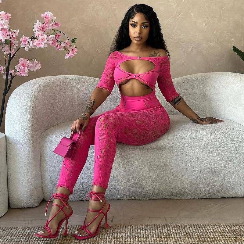 Combinaison en dentelle à manches courtes et col rond pour femme, couleur unie, ajourée, sexy, slim fit, tricotée, nouvelle collection_voghion.com