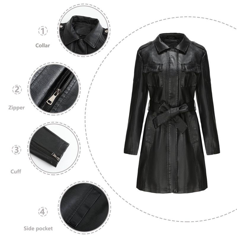 Palton nou din piele de lungime medie cu curea, trench din piele cu mânecă lungă, palton la modă pentru femeie_voghion.com