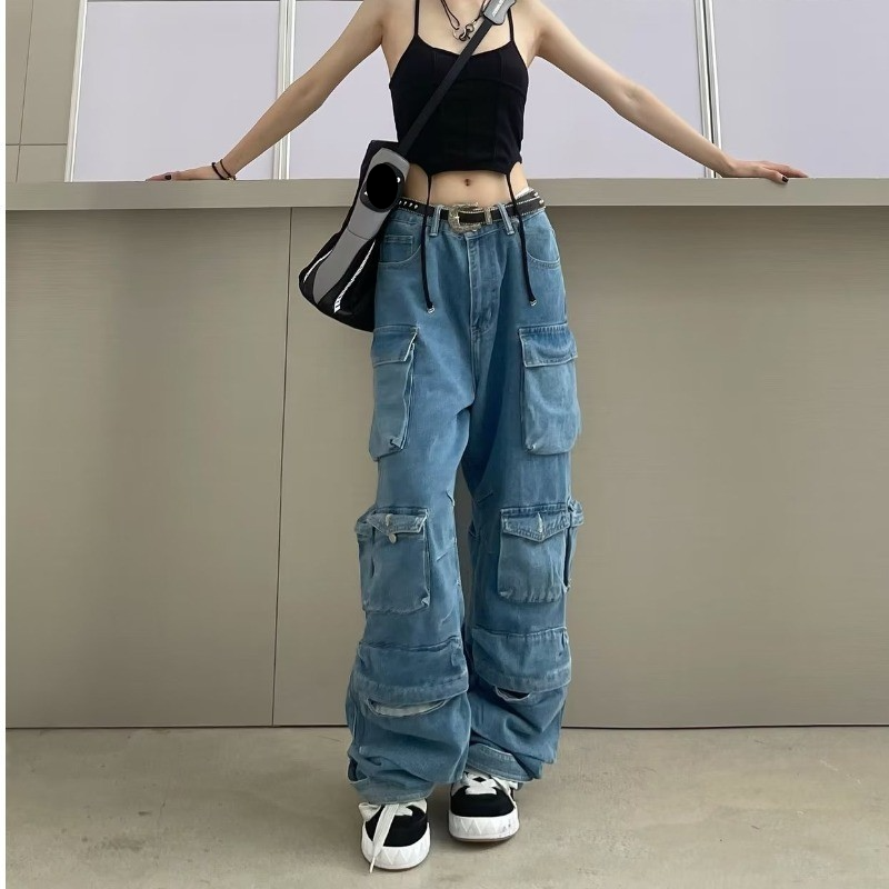 Dameskleding Straat Trendy Nieuwe Stijl Modieuze Rookgrijze Gesplitste Multi Pocket Overalls Straat Gewassen En Versleten Lange Wijde Broek_voghion.com