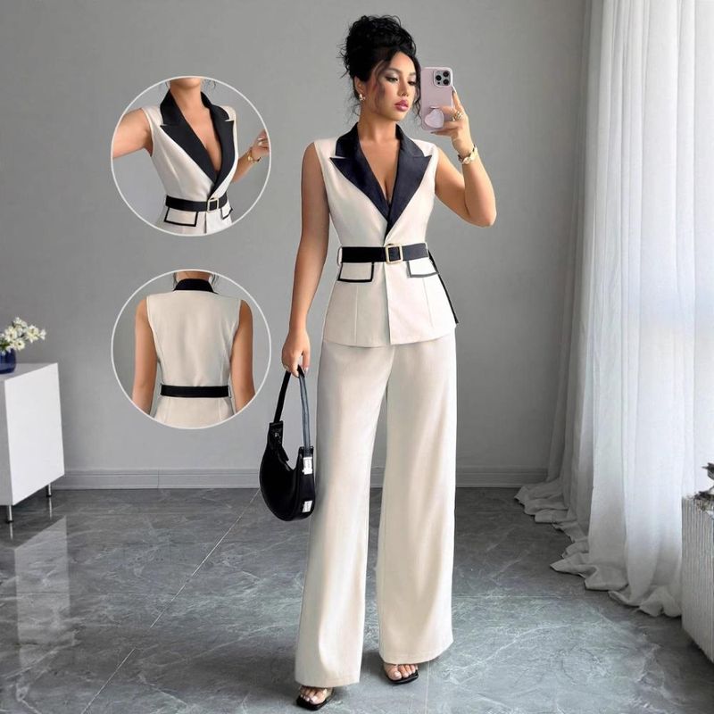 Damenbekleidung Eleganter Stil Tube Top Gerade Hosenanzug Westenanzug Eleganter Trägerloser Overall Damenanzug Mit Weste - Beige, S/M/L/XL​_voghion.com