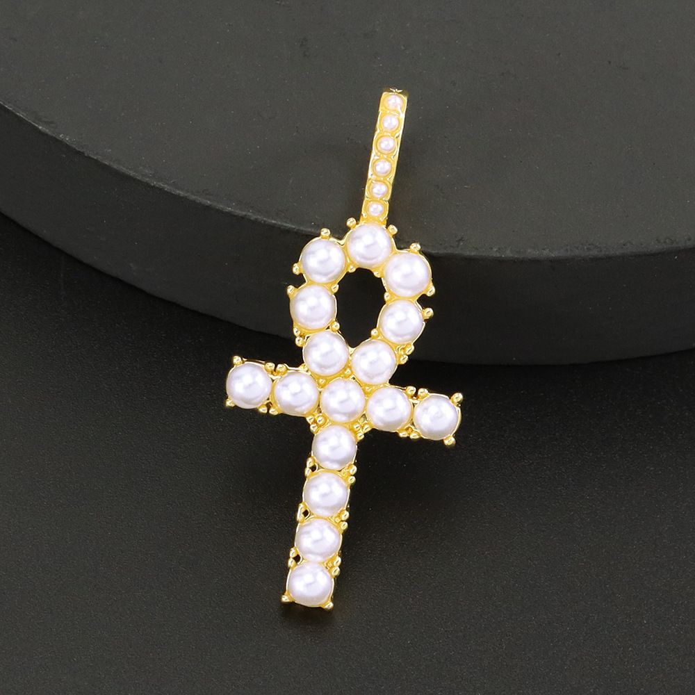 Collana con ciondolo a croce Ankh intarsiata in stile INS Light Luxury, catena da tennis con diamanti a fila singola cubana._voghion.com