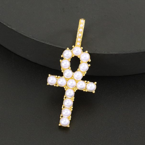 Collana con ciondolo a croce Ankh intarsiata in stile INS Light Luxury, catena da tennis con diamanti a fila singola cubana._voghion.com