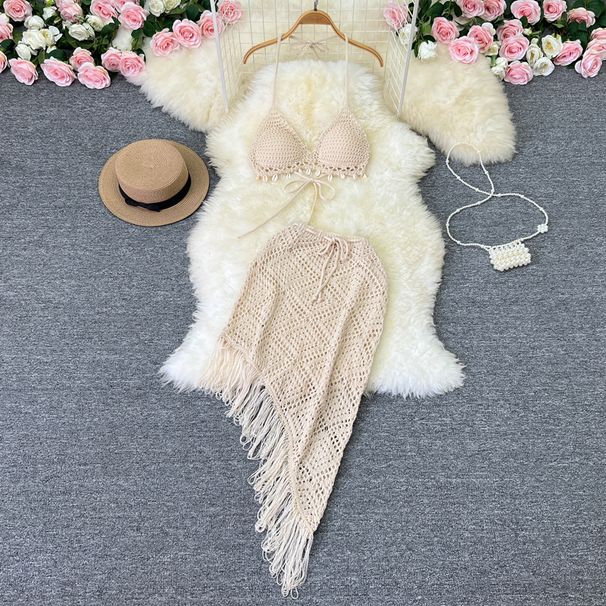 Women's holiday style suit women's design bikini halter top versatile tassel skirt knitted two-piece set_voghion.com