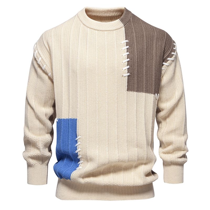 2024New men's round neck spliced pullover for autumn winter 2024, loose and lazy casual base knit sweater M37_voghion.com