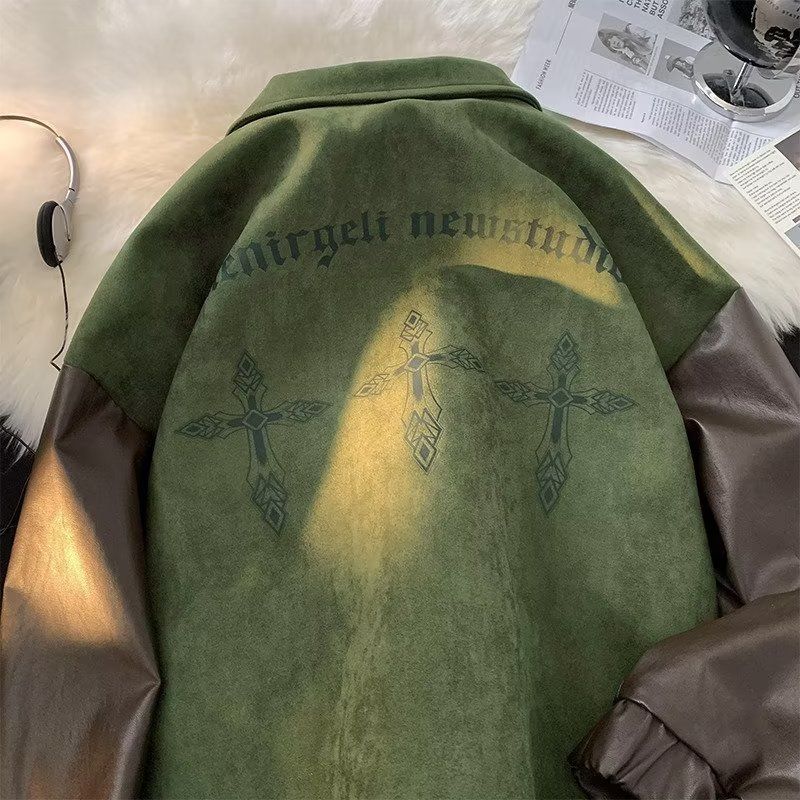 Wildleder Herren Frühling und Herbst American High Street Ins trendige Marke lose Nähte Motorrad PU-Lederjacke_voghion.com