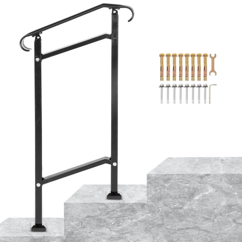 VEVOR Outdoor Stair Railing, Fit 1 Or 2 Steps Wrought Iron Handrail, Adjustable Front Porch Hand Railings, Black Transitional Hand Rail For Concrete Steps Or Wooden Stairs With Installation Kit_voghion.com