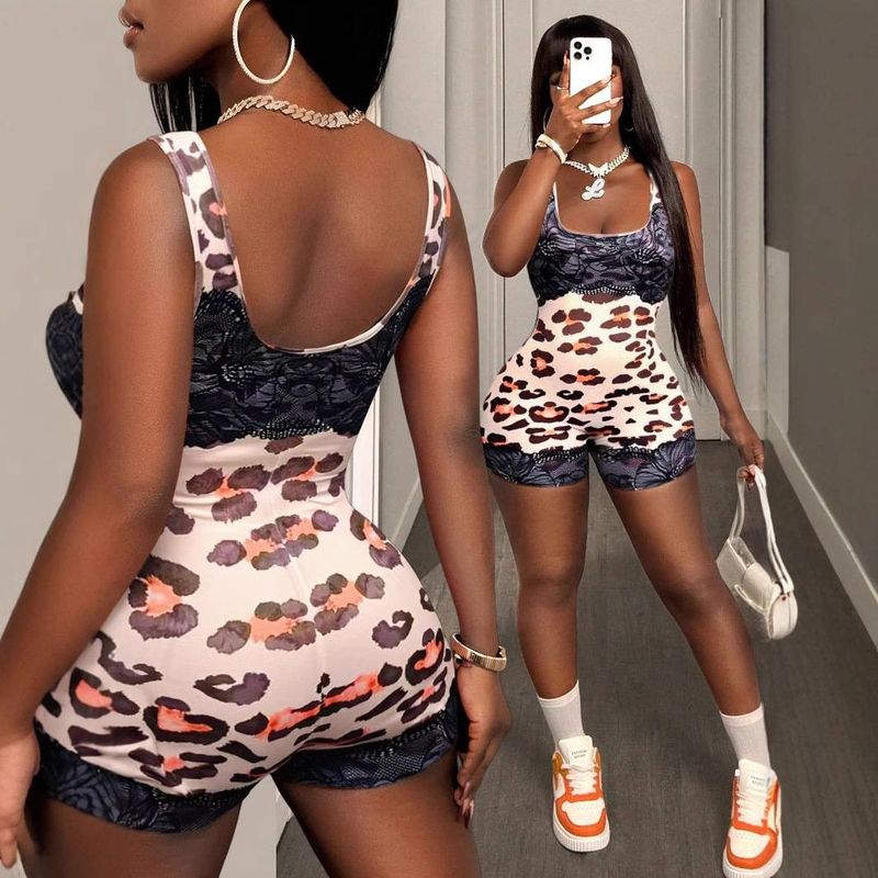 Roupas femininas Macacão sexy com estampa de leopardo e acabamento em renda para mulheres - Mistura elástica de poliéster e elastano, sem mangas, espessura média_voghion.com
