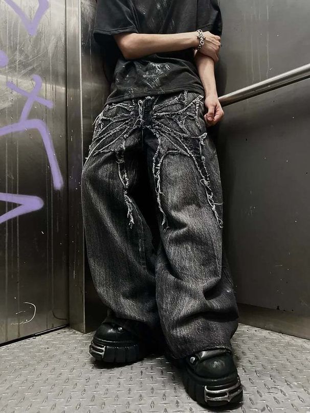Men's Clothing Jeans Y2k Dark Style Line Design Wide Leg Pants Street Loose Trousers_voghion.com