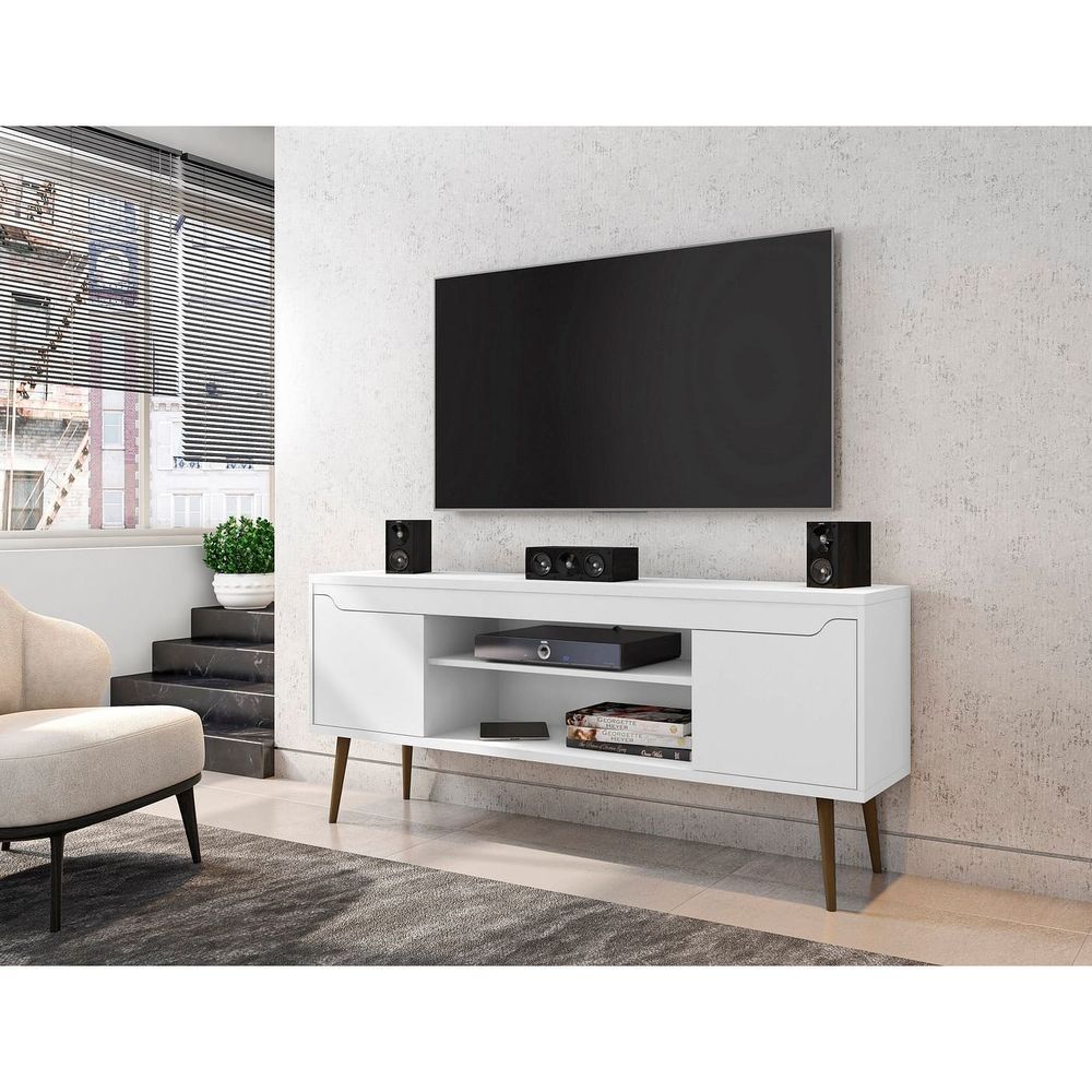 Manhattan Comfort Bradley 62.99 TV Stand White With 2 Media Shelves And 2 Storage Shelves In White With Solid Wood Legs_voghion.com