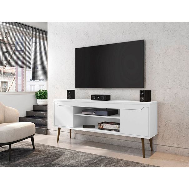 Manhattan Comfort Bradley 62.99 TV Stand White With 2 Media Shelves And 2 Storage Shelves In White With Solid Wood Legs_voghion.com