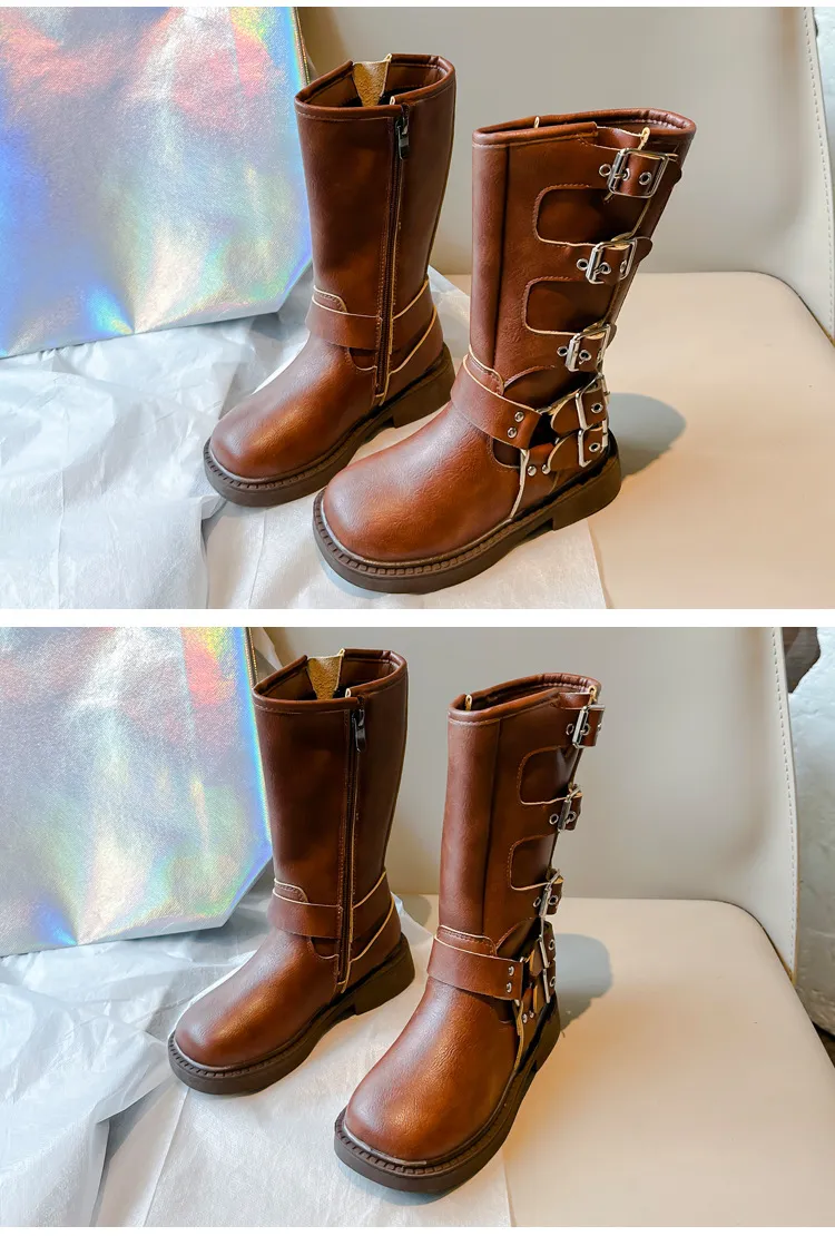 Kids' shoes Children's Martin boots 2024 autumn and winter new style baby girl fashion metal buckle high boots retro genuine leather Martin_voghion.com