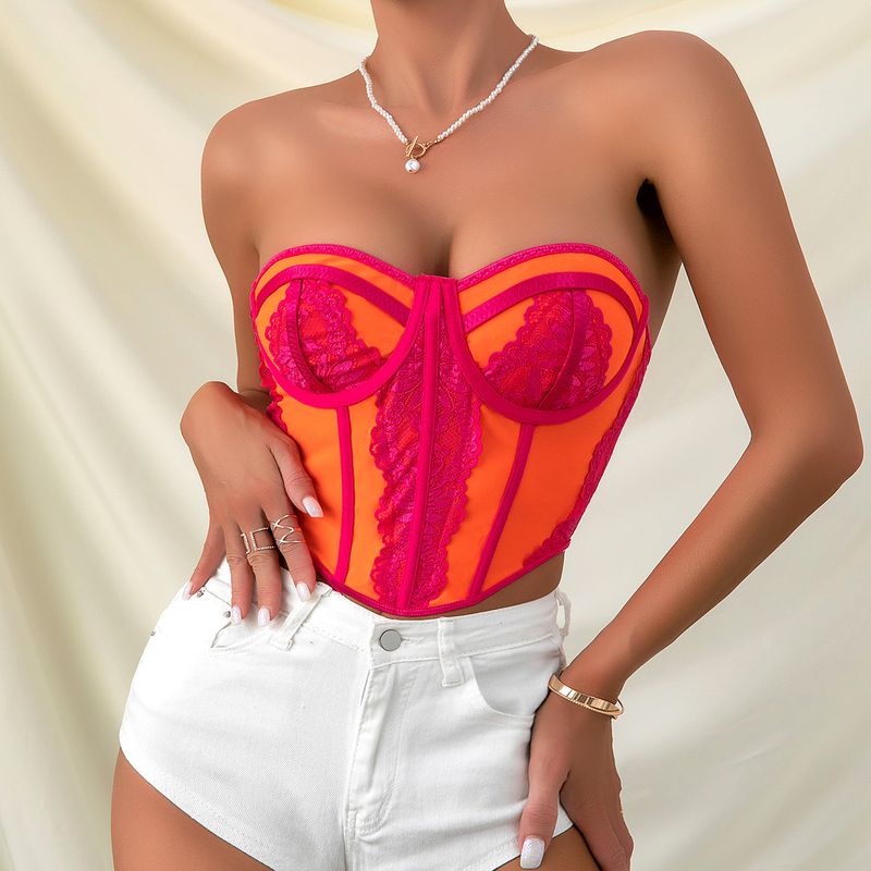 Women's clothing hot girls sexy low-cut color-blocked chest-wrapped lace underwire fishbone top F10908_voghion.com