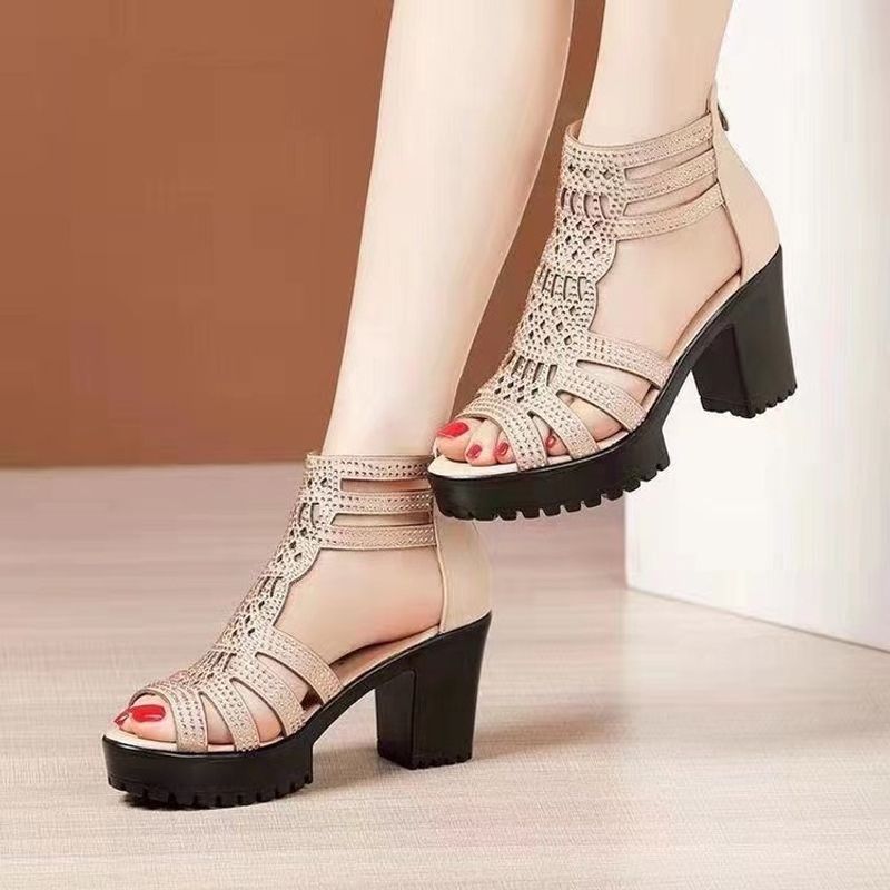 Roman For Women 2025 New Collection Solid Color Sponge Cake Thick Bottom Fish Mouth Mesh Large Women's Sandals_voghion.com