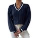 Women's Clothing Autumn And Winter Temperament Contrast Color Cable Sweater Loose V Neck Fashionable Tops For Women_voghion.com