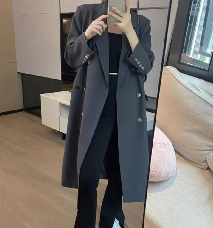 Kore Büyük Boy Blazer Ceket - Kadınlar İçin Çift Yaka Uzun Trençkot Ceket (S-XL, Siyah/Kahve/Gri, Çiçek Desenli Kol ve Çıkarılabilir Kemer)_voghion.com