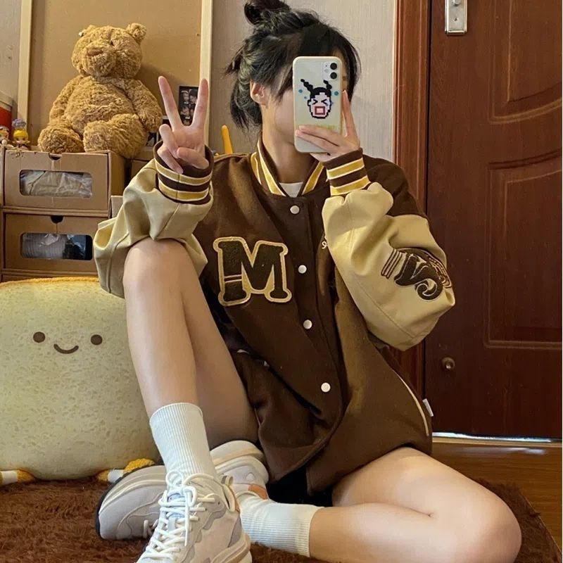 HOUZHOU Vintage Varsity Jacket Women Oversize Baseball Jackets Korean Fashion Streetwear Bomber Coats College Couple_voghion.com