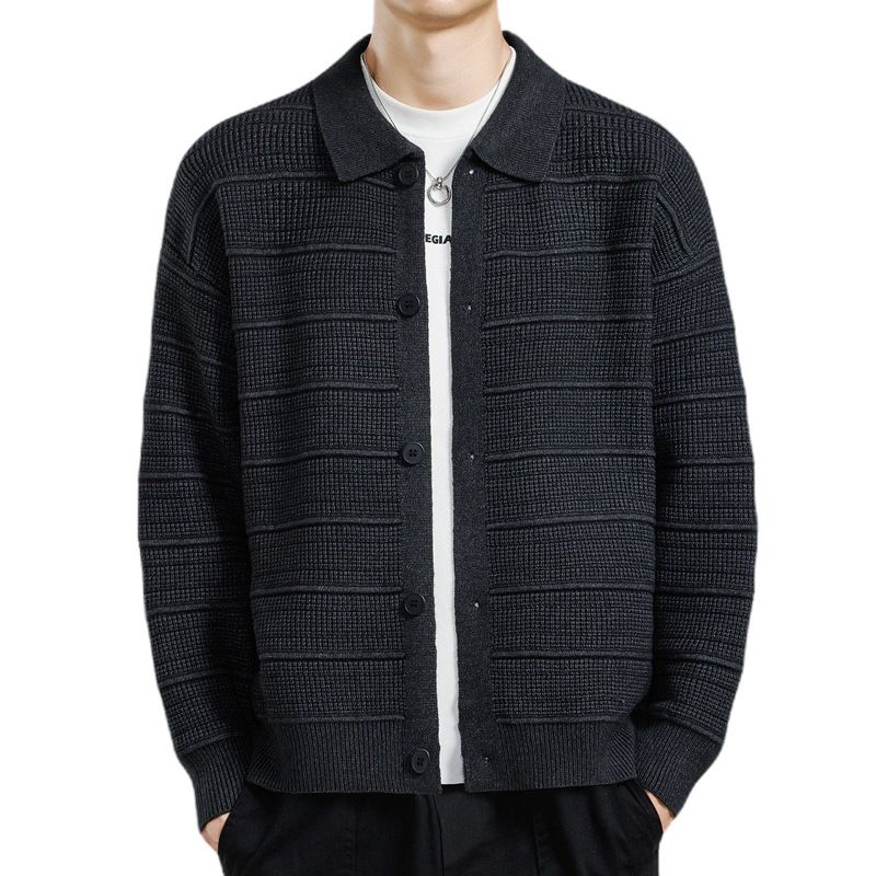 Herren-Strickjacke in Übergröße – Atmungsaktiver Pullover mit Polokragen und offener Vorderseite, lässiger, locker sitzender Langarmpullover für den Sommer (Schwarz, Grün, Braun)_voghion.com
