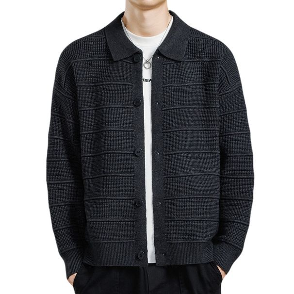 Herren-Strickjacke in Übergröße – Atmungsaktiver Pullover mit Polokragen und offener Vorderseite, lässiger, locker sitzender Langarmpullover für den Sommer (Schwarz, Grün, Braun)_voghion.com