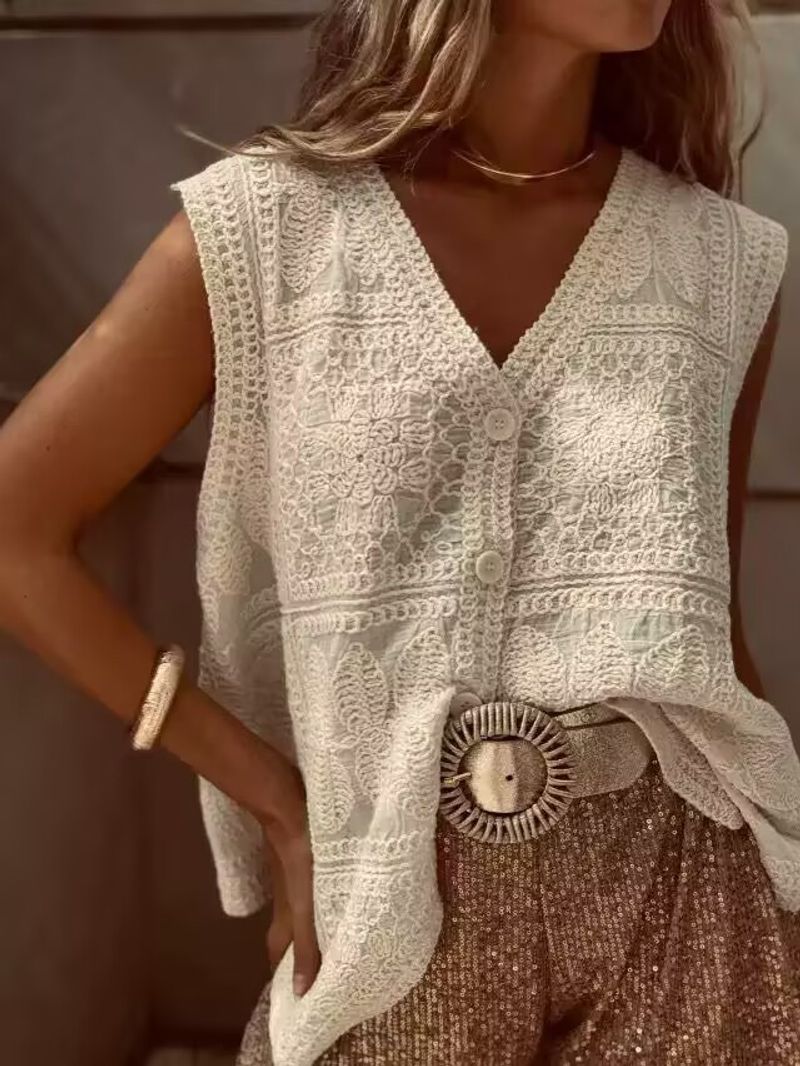 Dameskleding Lente en Zomer Nieuw Gehaakt V-hals Vest Jas Dames Mouwloos Vest Gebreid_voghion.com