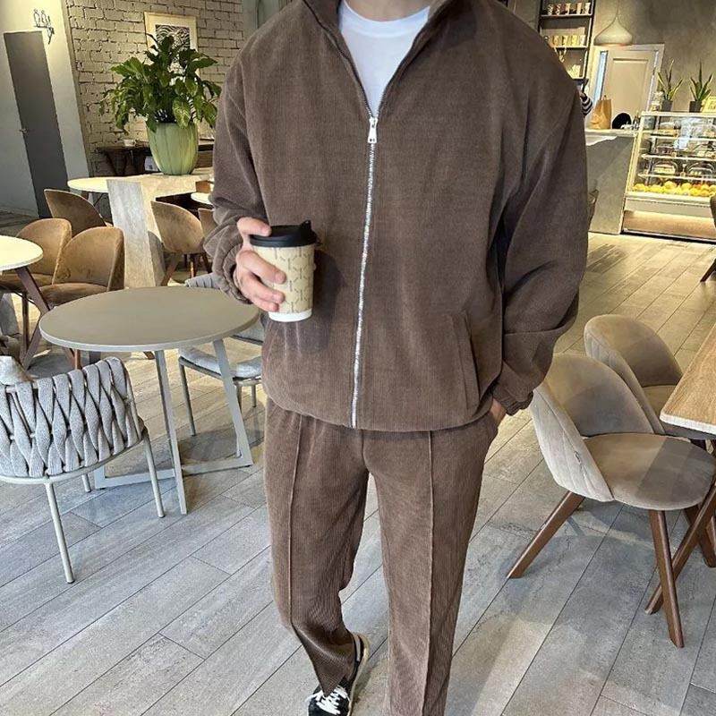 Vêtements pour hommes décontractés à revers avec fermeture éclair de couleur unie et pantalon deux pièces_voghion.com