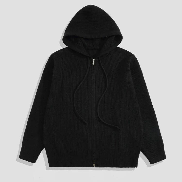​​Retro Zip-Up Knit Cardigan – Oversized Hooded Sweater For Men (Polyester, Machine Washable, Jacquard Pattern, Gray/Black/Beige, Unisex Loose Fit)​​_voghion.com